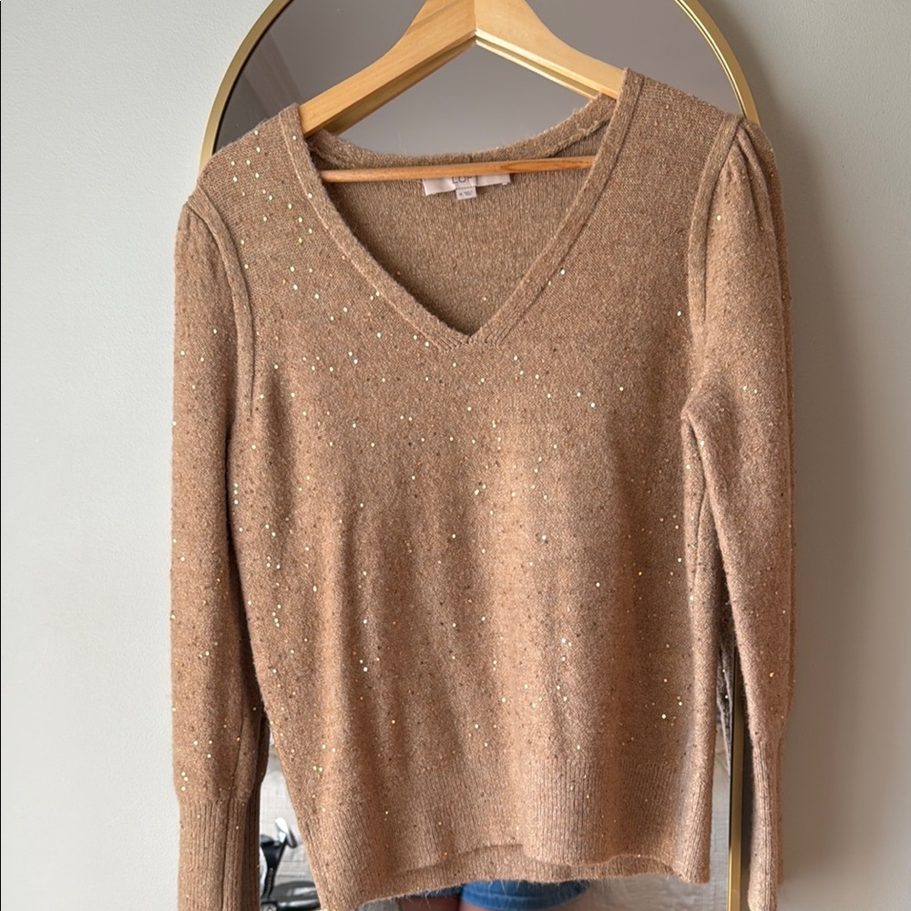 LOFT Beige V-Neck Sweater with Glitter Details